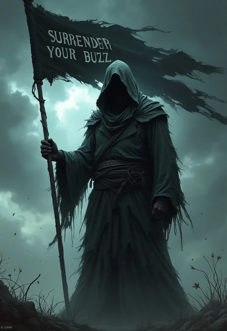 A gothic character design featuring a mysterious hooded figure holding a black flag with a text "SURRENDER YOUR BUZZ TO ME", draped in torn, flowing robes, standing before a stormy sky. The figure is silhouetted against a background of dark, ominous clouds with streaks of light breaking through. The overall mood is one of power and mystery, with a sense of an impending storm.
sharp detail, intricate detail,
