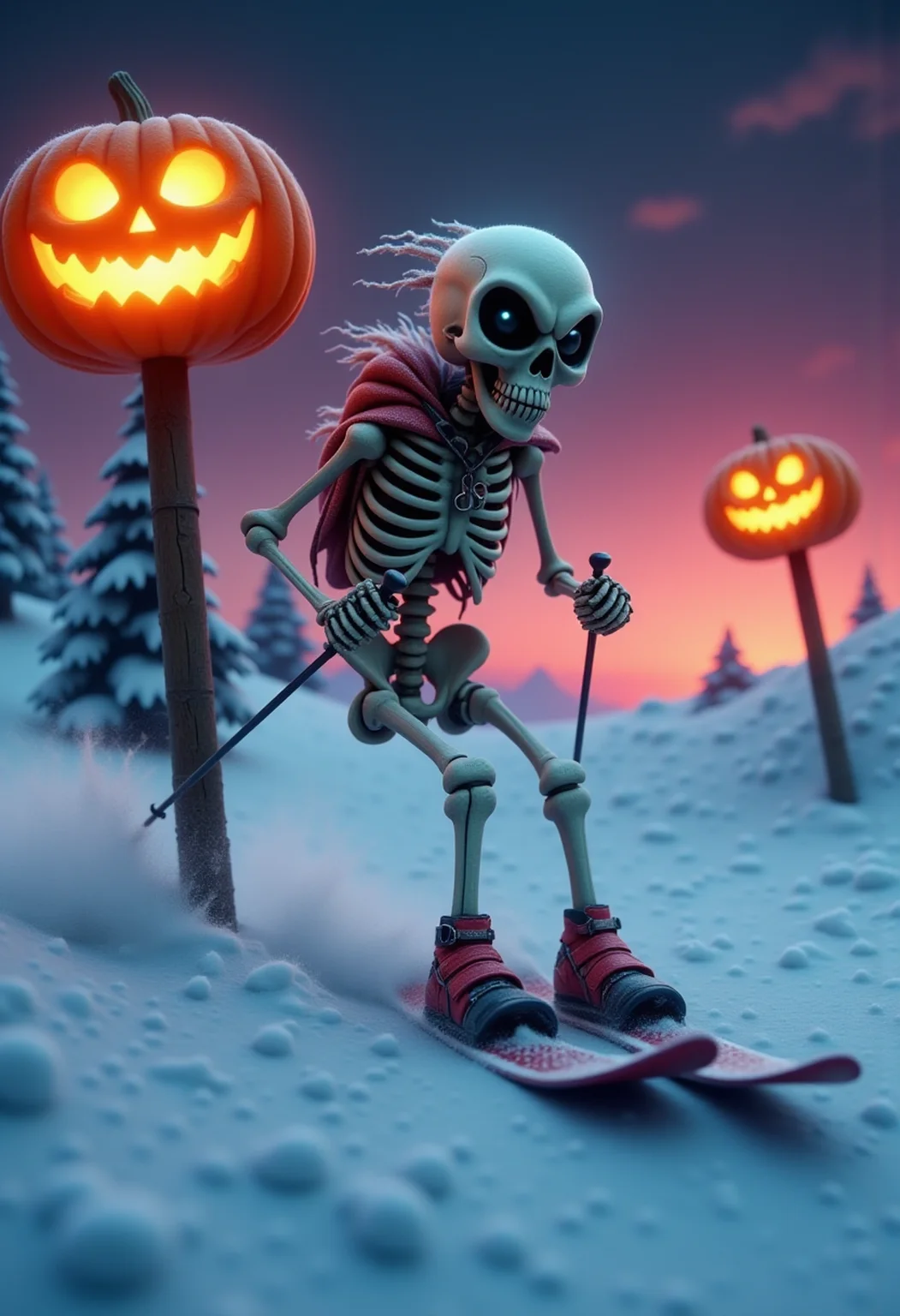 A surreal scene unfolds on a snowy, high-altitude ski slope, where a cute skeleton equipped with skis and snowshoes slaloms down the hill. The bony figure balances with precision as it carves sharp turns, creating tracks in the fresh snow. Strapped to its hands are two ski poles. On the poles that delimit the ski slope there are large, glowing Halloween pumpkins sit atop the poles. These pumpkins have carved faces, their eerie grins glowing with a warm, orange light, contrasting with the icy blue surroundings. The skeleton’s hollow eye sockets and jaw are set in a determined expression, while the dark, skeletal frame appears somewhat whimsical against the snowy white backdrop. The distant sky is a deep, twilight deep red, and the overall atmosphere blends winter sports with Halloween spookiness in a playful yet eerie way.