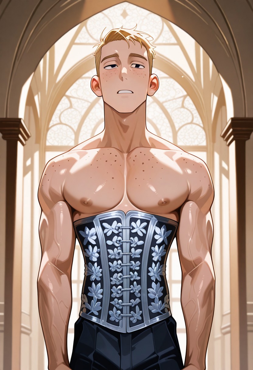 1boy,solo, Male Focus
Ron Stoppable, Blonde Hair, Short Hair, Freckles, Black Eyes,
masterpiece,perfect quality,best quality,amazing, Perfect Eyes, Perfect anatomy,  quality,absolutely eye-catching,
M41e_c0r5et,
waist corset
waist corset with ornate
Shirtless
old palace in europe
dynamic lighting,cinematic lighting, professional lighting,