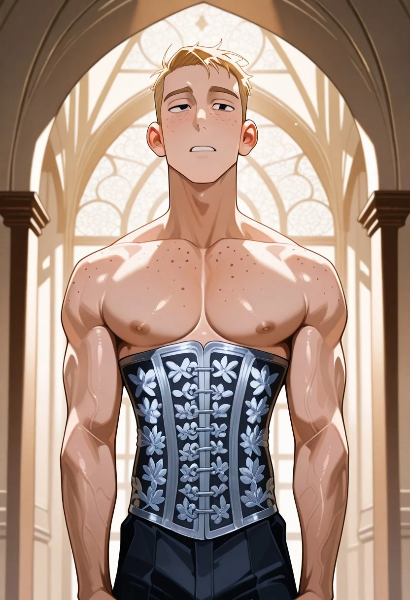1boy,solo, Male Focus
Ron Stoppable, Blonde Hair, Short Hair, Freckles, Black Eyes,
masterpiece,perfect quality,best quality,amazing, Perfect Eyes, Perfect anatomy, quality,absolutely eye-catching,
M41e_c0r5et,
waist corset
waist corset with ornate
Shirtless
old palace in europe
dynamic lighting,cinematic lighting, professional lighting,