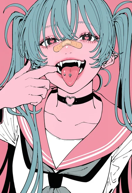 masterpiece, absurdres, newest, very awa, flat color, pink background, 1girl, solo, hatsune miku, very long hair, twintails, aqua hair, serafuku, bandaid on nose, lipstick, heart choker, black choker, nail polish, heart-shaped pupils, mouth piercing, tongue out, tongue piercing, mouth pull, fangs, <lora:pantz41>