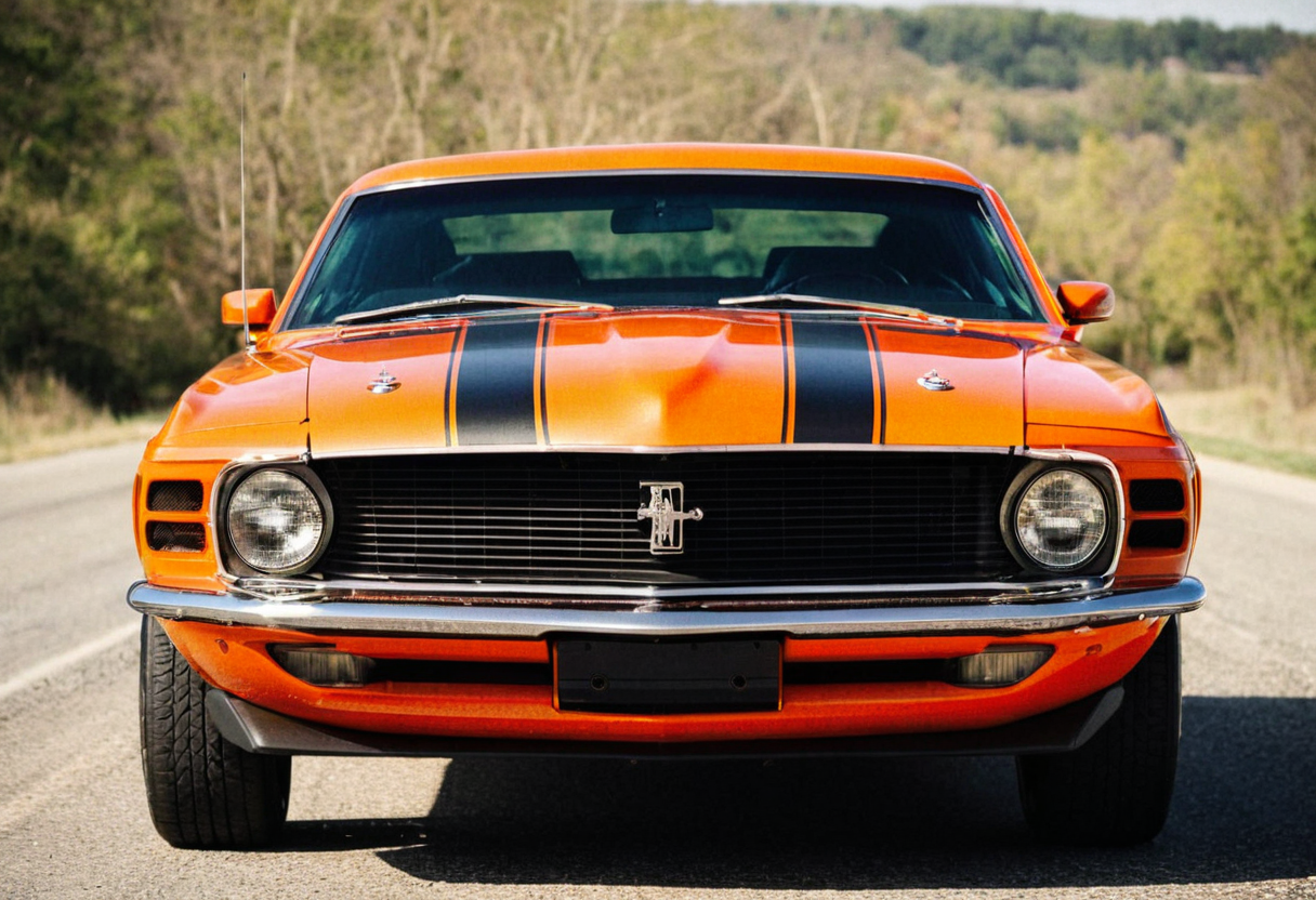 VintageMuscleCar orange Ford Mustang, stripes, front view, road, landscape, 4K, highly detailed, (gleaming stylish grainy analog film photo 35mm)