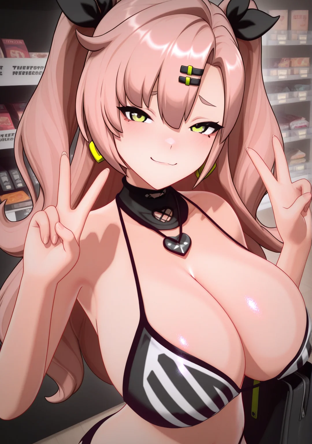 masterpiece,best quality,amazing quality,
1girl,looking at viewer,upper body,bikini,v,
<lora:blobcgstyle:1>,blobcgstyle,3d,(nicole demara:0.1),shopping,