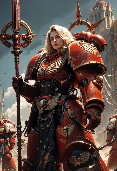 (score_9, score_8_up), score_7_up, <lora:PonyBloodA40K:1> BloodA40K, 1girl, power armor, blonde hair, weapon, spear, unreal eginer 5, higher resolution textures, 4k graphic resolution, dimly lit, high detailed shading, video games, holding spear,