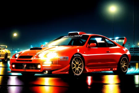 masterpiece,best quality,official art,extremely detailed CG unity 8k wallpaper,illustration, ((TUNED RALLY car)), bright, sports car, vehicle focus, road, ((need for speed)),((NFS)), moving, wet, (((NIGHT))),neon lights,drift, <lora:CELICA6:0.8>, (CELICA6) <lora:urushisato:0.8> urushisato
