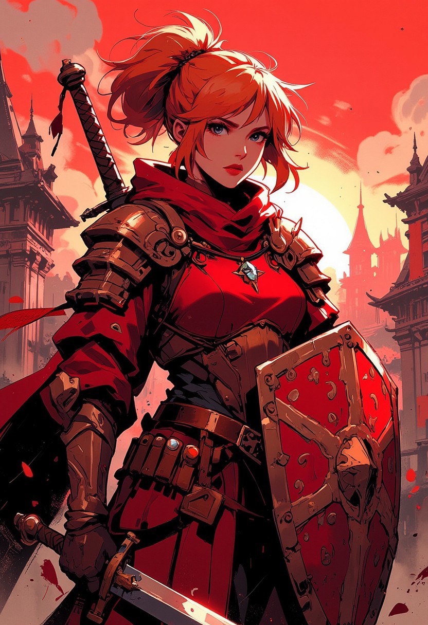 Special Ink-drawing mode, Mh1$AgThS2, intricate linework with expressive contrasts, soft lighting with dynamic highlights, Artwork portraying a female fantasy knight in ornate red armor with short, orange hair with sidelocks and a high ponytail. Holding a shield embossed with a star motif, her sword in its scabbard. Ancient fantasy city background, red sunset.