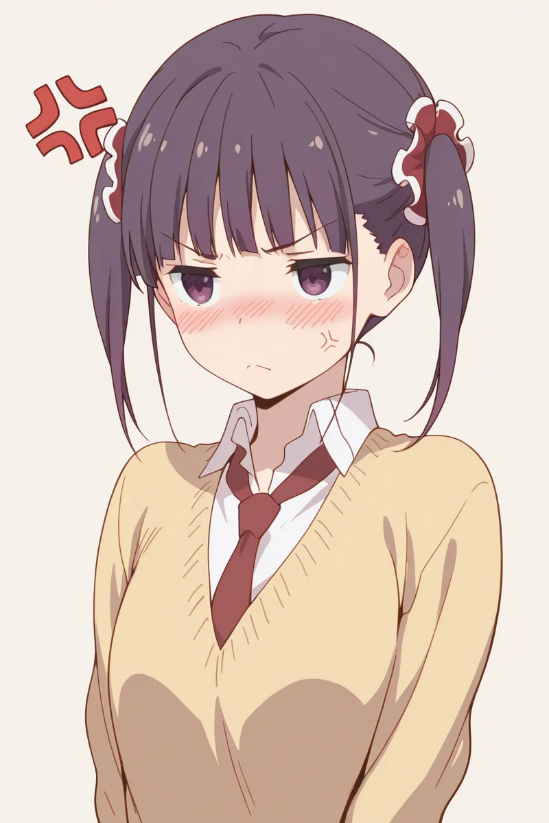 masterpiece, best quality, amazing quality,
<lora:Shizuku_IL:1> shizuku, 1girl, solo, purple eyes, twintails, blush, anger vein, purple hair, school uniform, sweater, simple background, necktie