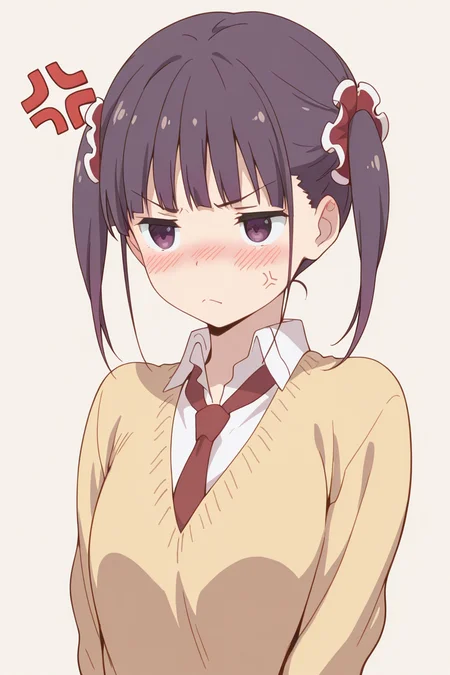 masterpiece, best quality, amazing quality,
<lora:Shizuku_IL:1> shizuku, 1girl, solo, purple eyes, twintails, blush, anger vein, purple hair, school uniform, sweater, simple background, necktie