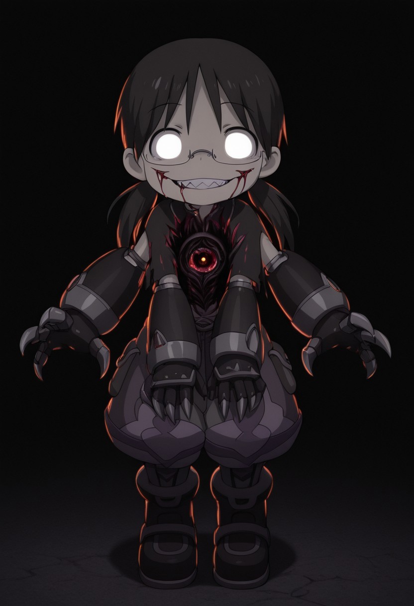 masterpiece, best quality, amazing quality, riko \(made in abyss\), black hair, blank eyes, glowing eyes, semi-rimless eyewear, long hair, low twintails, xdive, android,, full body, detailed background, black background, antiKH, spot color, neon palette, heartless, mouth closed, glasgow smile, sharp teeth, (horror:1.4), peering at the user, dark, solo, sharp claws,