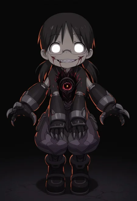 masterpiece, best quality, amazing quality, riko \(made in abyss\), black hair, blank eyes, glowing eyes, semi-rimless eyewear, long hair, low twintails, xdive, android,, full body, detailed background, black background, antiKH, spot color, neon palette, heartless, mouth closed, glasgow smile, sharp teeth, (horror:1.4), peering at the user, dark, solo, sharp claws,