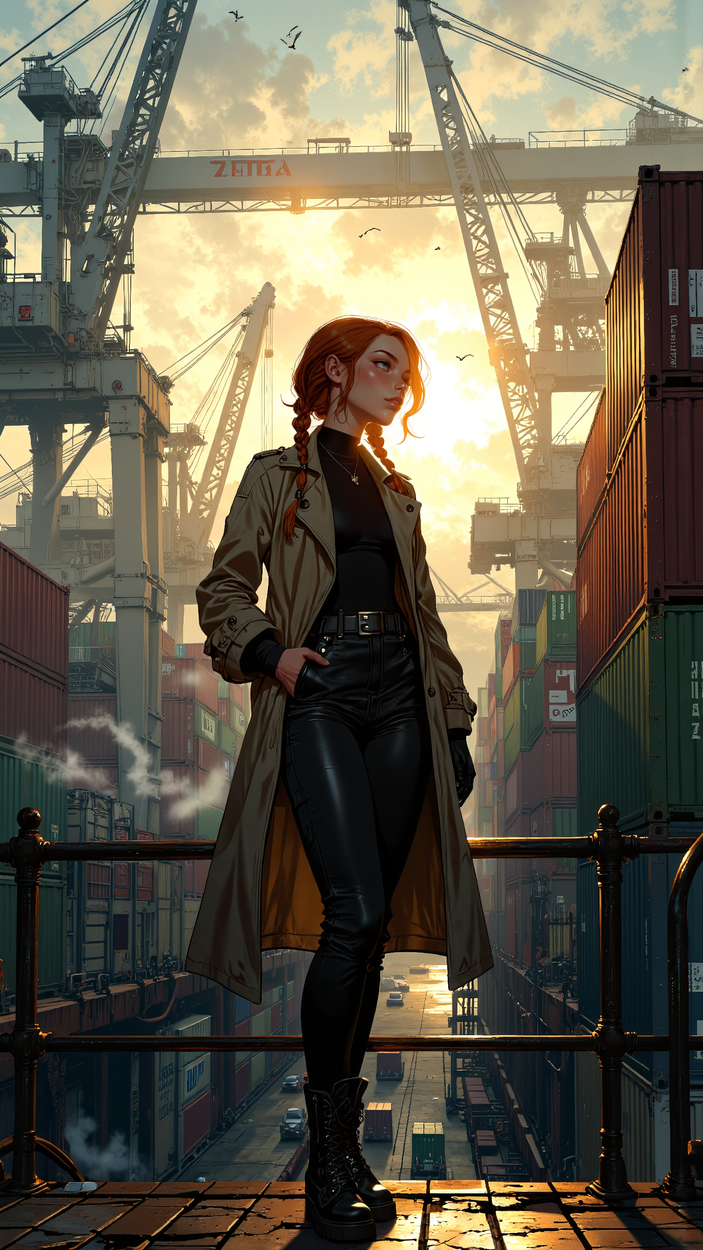 High-resolution semi-realistic anime-style illustration, soft painterly shading, a young woman standing on a steel platform in a vast container port at dawn. Towering cranes loom overhead, their silhouettes cutting through the soft golden light as the sun rises over the misty harbor. Her auburn hair is styled into loose twin braids, strands catching in the cool morning breeze. She wears a long, sleek leather trench coat, left open to reveal a fitted black bodysuit underneath, paired with high-waisted cargo pants and sturdy combat boots. The coat billows slightly as she stands with one foot resting on the platform railing, gazing over the fog-covered shipping containers. Streaks of mist curl around the vibrant metal stacks, their colors muted by the diffused morning light. In the distance, the faint hum of machinery echoes through the industrial maze, blending with the distant call of seagulls. Painterly cool grays, warm ambers, and soft blues, evoking a cinematic, atmospheric, and serene industrial landscape <lora:Anime_Art_V3:0.8> <lora:FluxMythV2:0.8>
