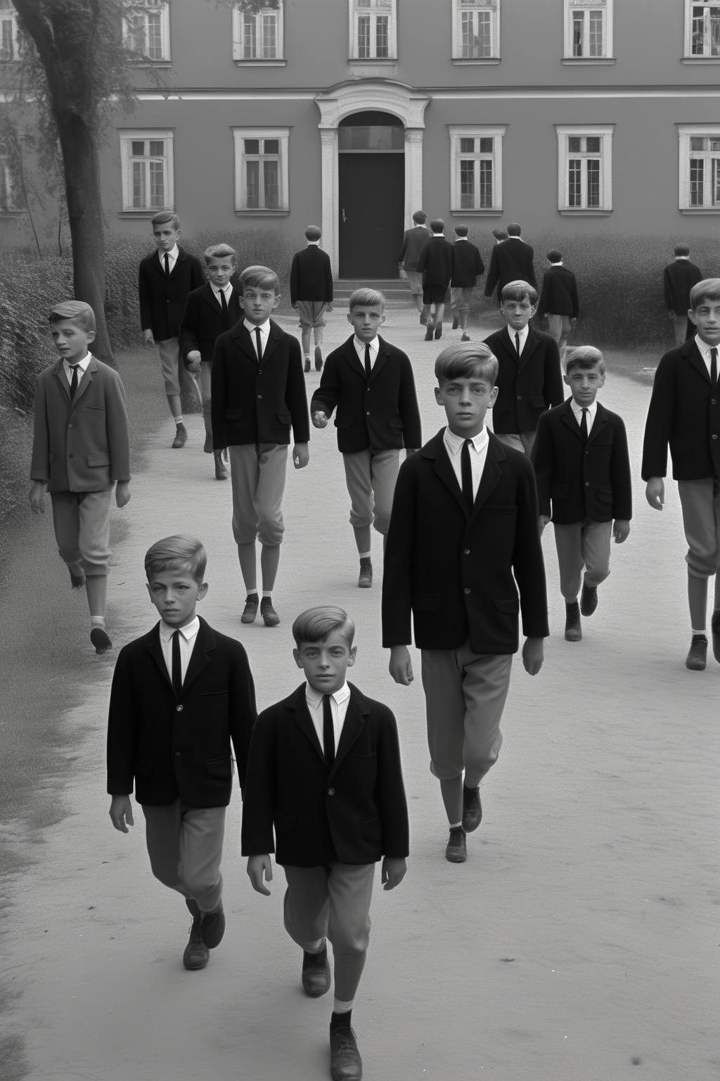 <lora:Director Krzysztof Kieslowski style:1>Director Krzysztof Kieslowski style - 1959, small group of boys are walking out from this elite conservative boarding school, one boy leads them, the small group of boys (5 or 6 boys) are slowly walking towards the camera as in 'Reservoir Dogs', they are happy, they are dressed in black, whith white shirts and black ties, determinded, the look on their face is optimistic, we see the whole group of boys, wide shot. Photograph, hyper-realistic. cinematic, 1960's italian movie aesthetics, colorful. 8k.