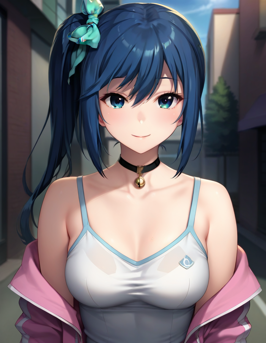 score_9,score_8_up,score_7_up,score_6_up BREAK official art,solo,outdoors,upper body,(portrait:1.5),looking at viewer,facing viewer,smile,blush,Takasaki Miho,long hair,blue hair,side ponytail,hair ribbon,hair bow,aqua bow,sidelocks,hair between eyes,bangs,blue eyes,collarbone,choker,jewelry,bell,cropped jacket,pink jacket,short sleeves,medium breasts,camisole,white shirt,denim shorts,shorts rolled up,white socks,high heel boots,<lora:Takasaki Miho(oin)-Pony:1.4>,