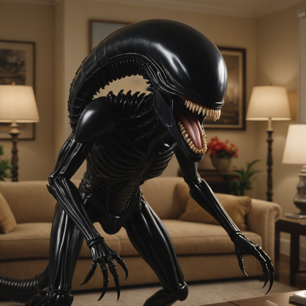 a screenshot of an episode of a sitcom starring a silly xenomorph laughing in a living room