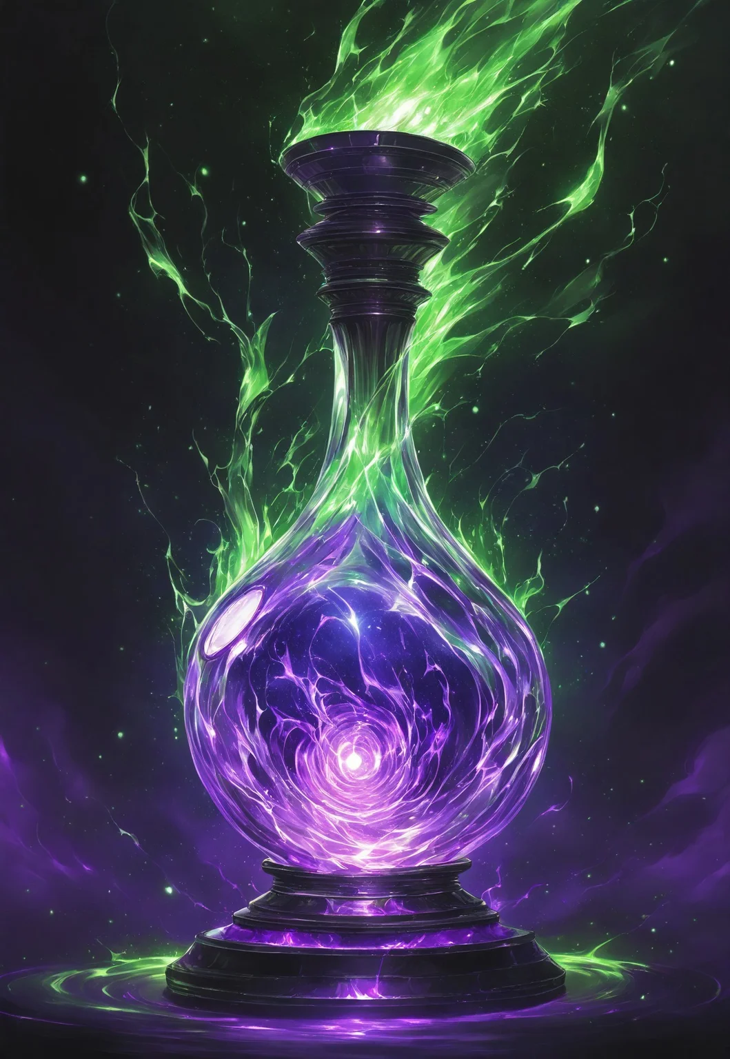 Score_9, Score_8_up, Score_7_up, Score_6_up, Score_5_up, Score_4_up, high_def, highest quality, 4k, best quality, masterpiece, no humans, object focus, focused, defined, (Photorealistic magic potion:1.3), intricate glass bottle, elixir, purple colors, green colors, black gues , bubbling, ethereal light, flashy lights, magic lights, luminous, dynamic reflections, magical aura, highly detailed, fantasy essence, glowing particles, radiant aura, A3THER, no humans
