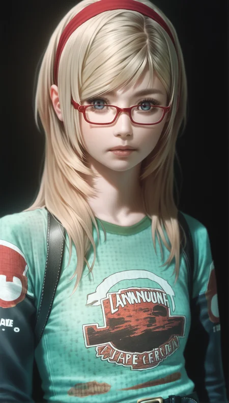 score_9,score_8_up,score_7_up,
<lora:Leanne:0.9>,
leanne,
highres,photorealism,
1girl,solo,blonde hair,long hair,bangs,red hairband with white accents,blue eyes,looking at viewer,red glasses,facing viewer,parted lips,green long sleeve shirt with patterns and black sleeves,black skirt,black belt,upper body,black background,
