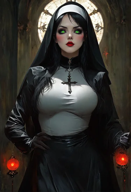 (masterpiece), (best quality), A Gothic Nun, A 25-year-old hot beautiful seductive alluring sensual kpop idol woman with perfect face and perfect well-endowed hourglass figure extremely huge breast red lips, tattoos, white skin, black hair, muscle body, (green glowing shiny eyes), misterious dynamic background, looking at the center camera, painting style, beautiful detailed intricate insanely detailed octane render <lora:Dark Fantasy:0.55> Dark Fantasy page <lora:XSfenlie:1> fenliexl, mixed media, surrealism <lora:ArsMJStylePony_-_Art_Nouveau_SDXL_1.5:0.55> ArsMJStyle, art nouveau, <lora:ral-dryflwrs-sdxl:0.55> ral-dryflwrs <lora:The exorcist style:0.55> exorcist style <lora:Junji Ito Horror Style XL:0.55> Junji_Ito_Maniac, creepy, horror <lora:linquivera:0.55> linquivera, liiv1 <lora:LineWork:0.55> LineWork, monochrome, emphasis line, masterful composition, dynamic volumetric lighting, ray_tracing, reflection,