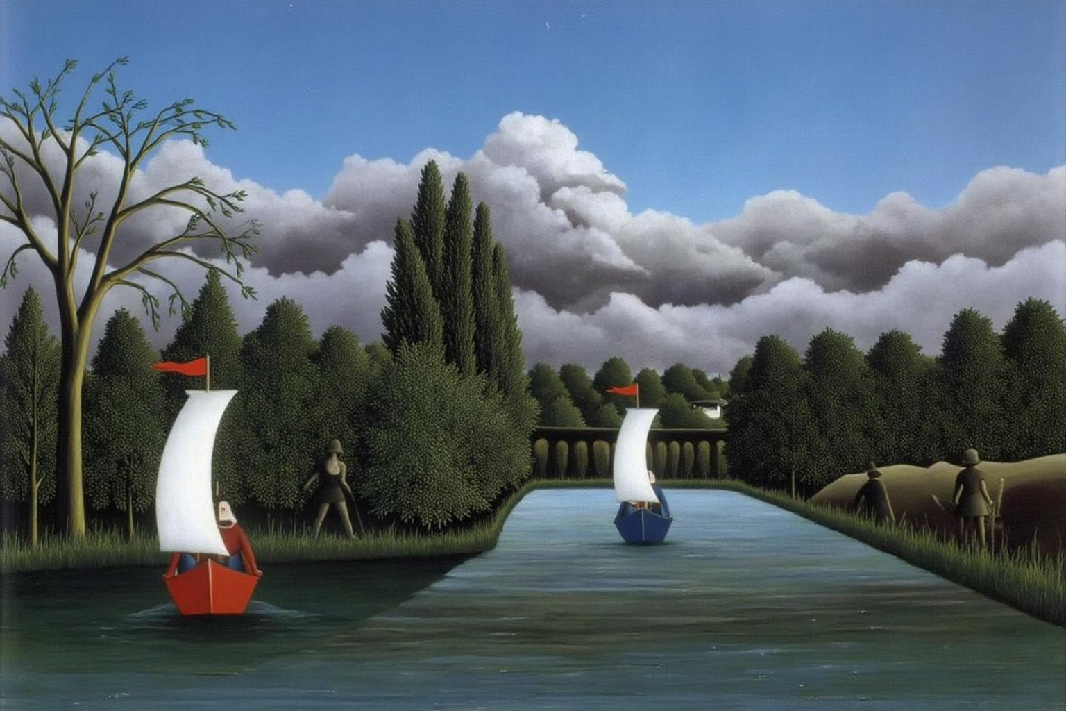 henrirousseau2 painting The scene depicts a landscape with two sailboats on a calm river. The sky is filled with dark grey and white clouds, suggesting an approaching storm. On the left, there is a red sailboat with a white sail. On the right there is a blue s <lora:henrirousseau2_cap_d6a3:1.0><lora:834010669809503227:0>