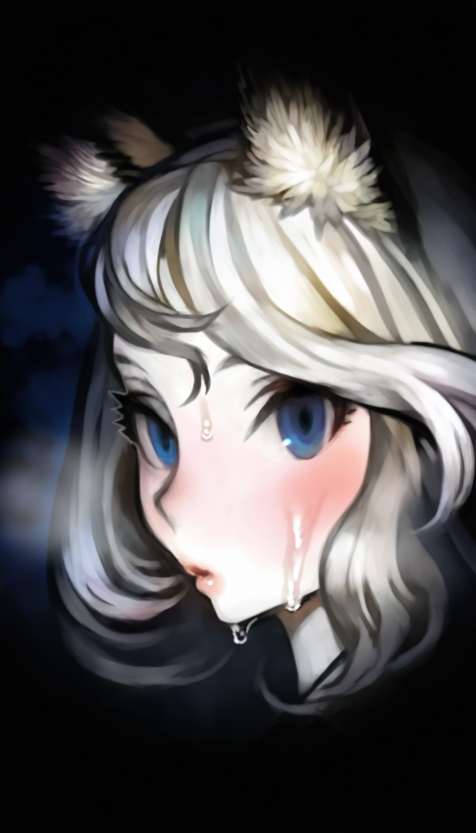 masterpiece,best quality,amazing quality,
<lora:yuzuruhaNAI>,yuzuruha,mature,
1girl,solo,pale skin,
white hair,long hair,wavy hair,bangs,fox ears,
blue eyes,
looking at viewer,blush,
portrait,close up,mouth focus,
rain,(wet:1.1),(dripping:1.1),
outdoors,night,fog,depth of field,dark,vignetting,fog,