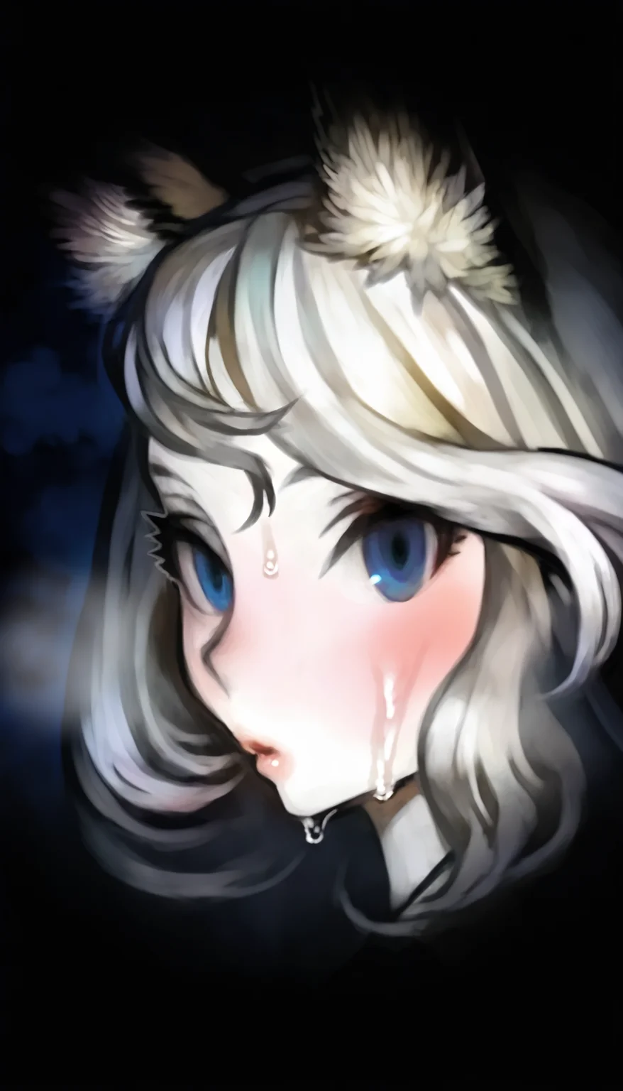 masterpiece,best quality,amazing quality,
<lora:yuzuruhaNAI>,yuzuruha,mature,
1girl,solo,pale skin,
white hair,long hair,wavy hair,bangs,fox ears,
blue eyes,
looking at viewer,blush,
portrait,close up,mouth focus,
rain,(wet:1.1),(dripping:1.1),
outdoors,night,fog,depth of field,dark,vignetting,fog,