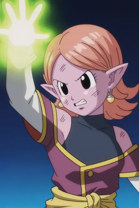 source_anime, score_9, score_8_up, score_7_up, anime screencap,8k, absurdres, chronoa, 1girl, solo, bare shoulders, potara earrings, upper body, teeth, orange hair, pointy ears, black eyes, colored skin, parody, clenched teeth, magic, outstretched arm, purple skin, glowing, arm by side, white sleeves, sleeveless turtleneck leotard, purple tunic, kai tunic, looking at another, detached sleeves, collarbone, dirty face, dirty, blue leotard, small breasts, off shoulder, official style
<lora:chronoa_pony_v2:0.8>