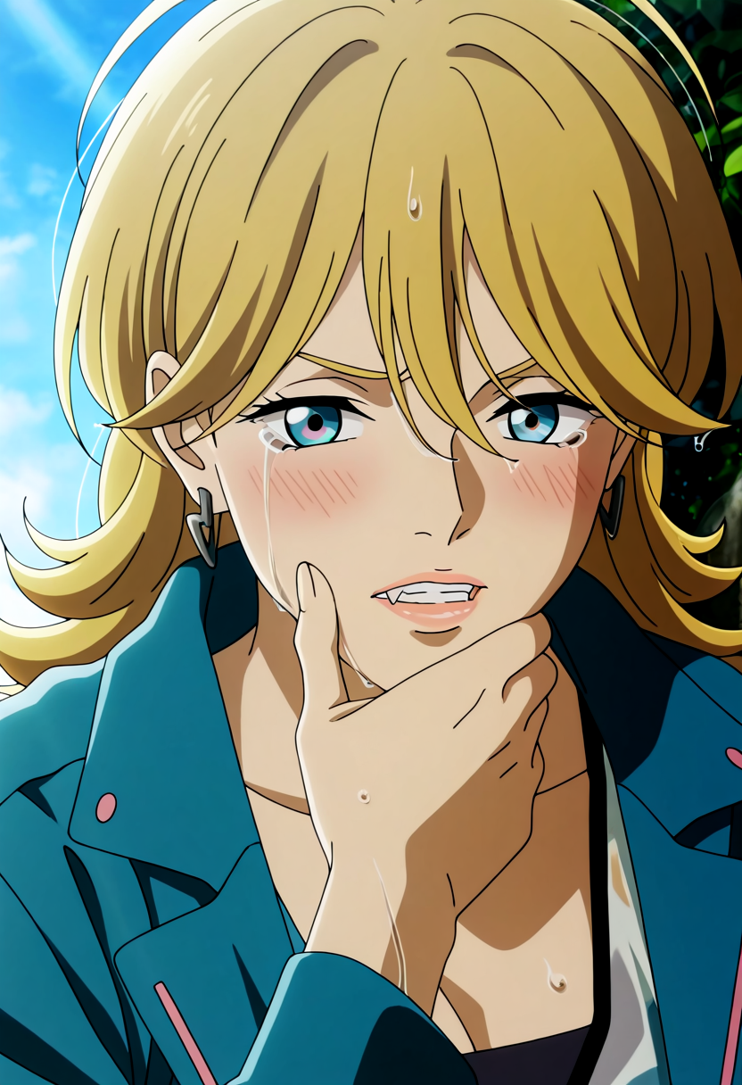 workoutfit1, 1girl, long blonde hair, bangs, messy hair, blue eyes, medium breast, cleavage | blue jacket, cropped jacket, short jacket, collared jacket, long sleeves, pink trim | white light-colored vest, sleeveless vest, buttoned vest, black bra (visible under vest), tube top (visible under vest), midriff (visible) | black long pants, ripped knees, torn pants,  
<lora:Christine_Lazarus _IL:1>
 (Charcter), (Anime_source),Masterpiece,(perfect female body:1.2), small waist,(incredibly detailed:1.4), slim, looking at viewer, crossed legs, night.