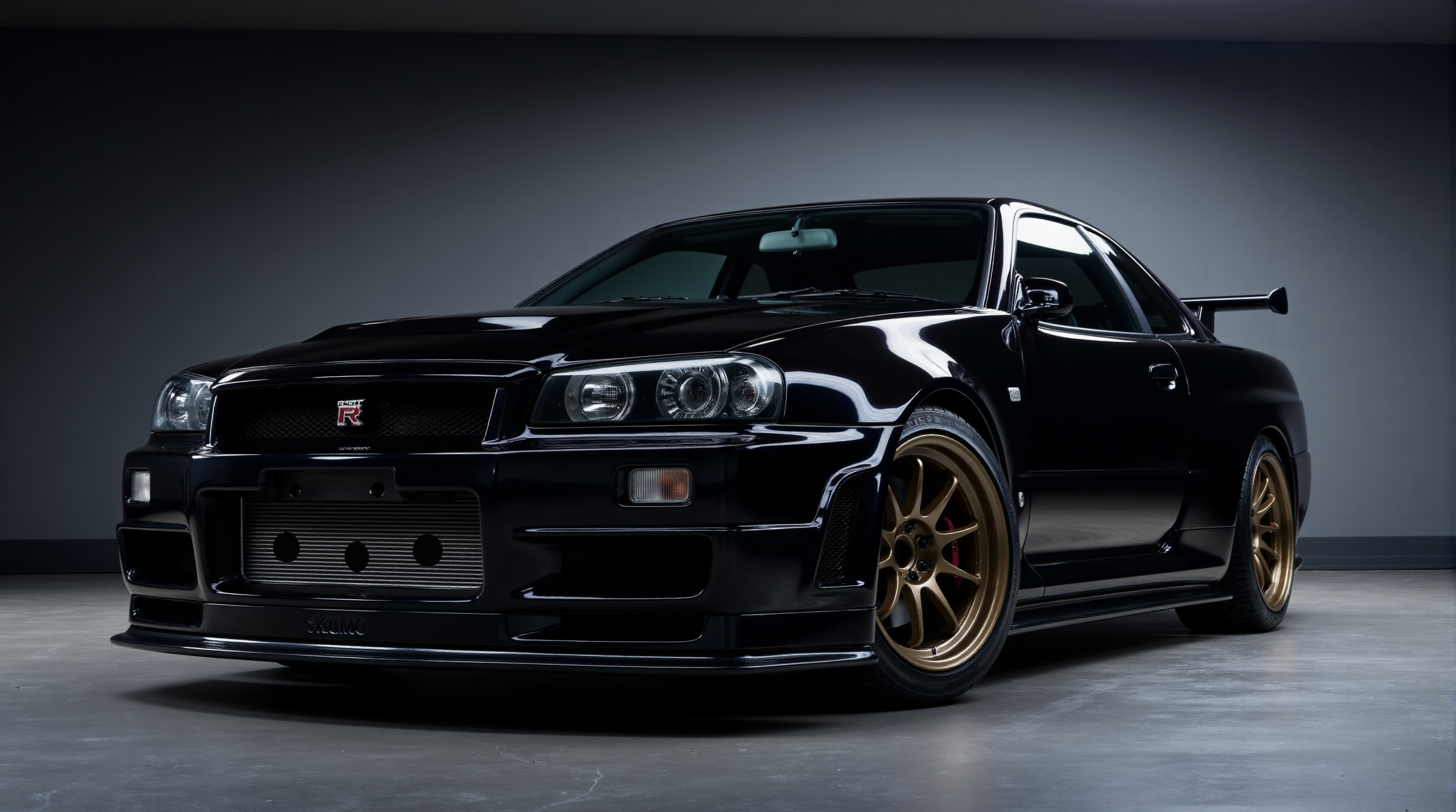 <lora:Nissan_Skyline_GT-R_R34:0.8> Nissan Skyline GT-R R34.
A glossy black Nissan Skyline GT-R R34 sits under soft overhead lighting in a tuning garage, front quarter view emphasizing deep shadows and reflections. The GT-R badge rests prominently in the center of the mesh front grille, its red "R" contrasting the dark finish. Below, the bumper is fitted with an aggressive Nismo lip and decal, and a carbon diffuser subtly peeks out. Near the right taillight, a V-Spec II Nur emblem appears in silver. The trunk lid wears a centered Nissan badge, with the "SKYLINE" name deeply debossed into the rear bumper, catching light along its ridges. Bronze-finished wheels with low-profile tires accentuate the tuned suspension, and a carbon rear wing defines the silhouette. The composition uses ambient reflections and sharp vertical lighting to dramatize the car's bold contours and aggressive geometry, with cool concrete tones contrasting the car's glossy black surfaces, giving it a high-performance, precision-built identity.   Ultra-detailed. (Extremely shiny and reflective high gloss finish with bright glints:1.2).
