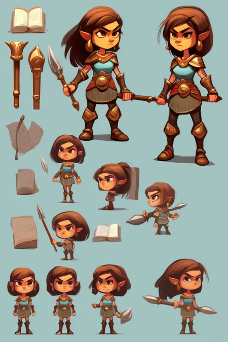 <lora:Character Design:1>Character Design - stylesheet female warrior with big head and small body in Cartoon-Style with book and staff