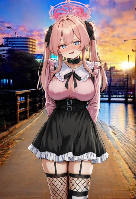 best quality, amazing quality, very aesthetic, cowboy shot, <lora:Gishiki:1>, solo, 1girl, blue archive, mimori \(blue archive\), pink halo, pink hair, long hair, alternate hairstyle, twintails, blue eyes, heart-shaped pupils, large breasts, thick thighs, alternate costume, (skull hair ornament), cross earrings, belt collar, jirai kei, (pink dress), puffy long sleeves, frilled dress, frills, black ribbon, neck ribbon, frilled collar, white collar, high-waist skirt, suspender skirt, suspenders, black skirt, frilled skirt, (asymmetrical legwear, uneven legwear, striped legwear, fishnet legwear), skindentation, garter straps, standing, arms behind back, legs together, head tilt, seductive smile, blush, looking at viewer, facing viewer, photo background, city, buildings, sidewalk, railing, road, road sign, orange sky, sunset, clouds, outdoors   <lora:ChamIllustriousBackgroundEnhancer:1>
