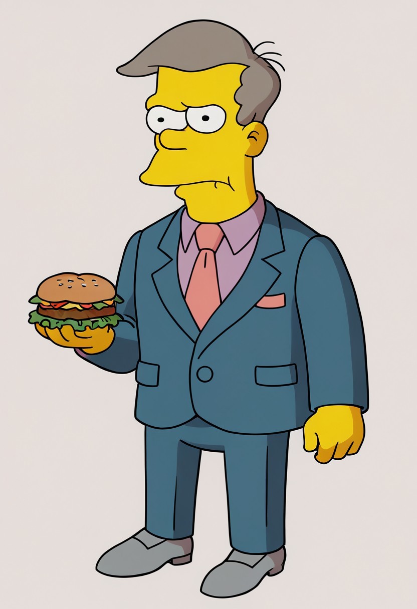 score_9, score_8, score_9, theSimpsonsstyle, solo, 1boy, ((skinner:1.20)),  \(the simpsons\)/,(ultra HD quality details), short, straight, grey hair, large nose,
suit, cerulean business suit, grey shoes, leather shoes, necktie, pink tie, shirt, lavender shirt,
chef hat, hamburger