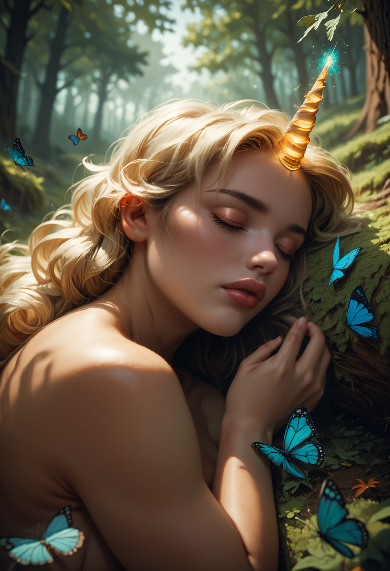 score_9, score_8_up, score_7_up, score_7, score_6_up, score_5_up, woman is dolleij03  <lora:Dolleij03-000004:1>, glowing horn, forrest, into the woods, lies next to a huge tree, sleeping peacefully, butterflies swirl around, close up, nude