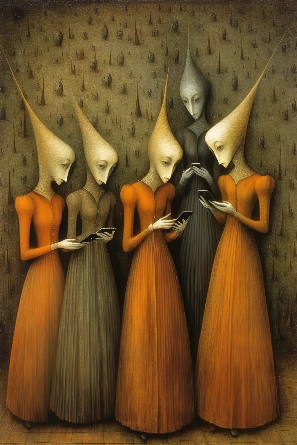<lora:Remedios Varo Style:1>Remedios Varo Style - if remedios varo a group of women looking their cellphone