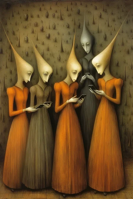 <lora:Remedios Varo Style:1>Remedios Varo Style - if remedios varo a group of women looking their cellphone