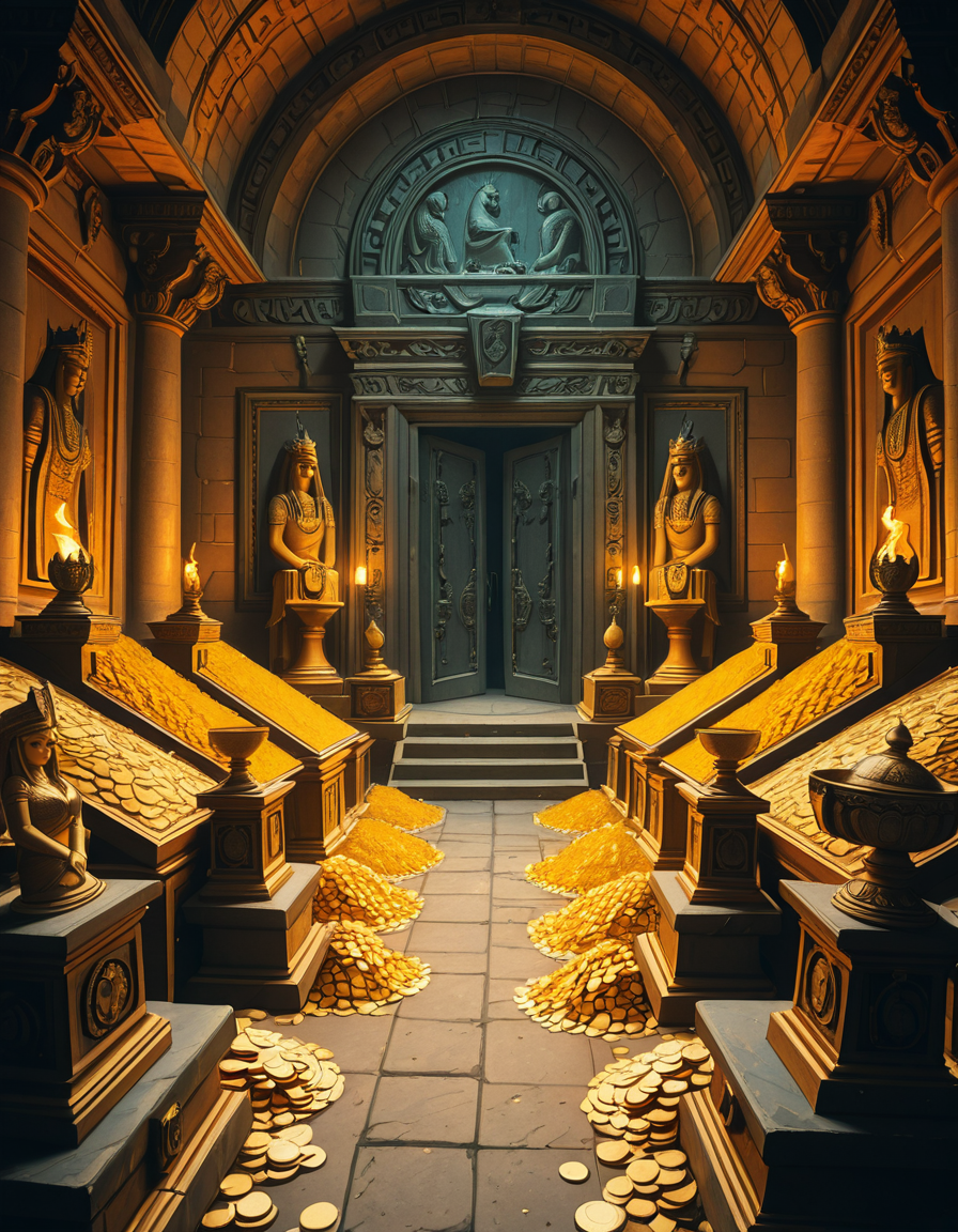 A hidden treasure chamber deep within an ancient temple, illuminated by the warm golden glow of torches and mystical blue light from enchanted crystals. The room is filled with piles of gold coins, jewel-encrusted goblets, and ancient artifacts covered in dust. Massive stone statues of forgotten deities guard the chamber, their eyes glowing faintly as if watching intruders. In the center, a grand pedestal holds a legendary artifactâan ornate golden crown encrusted with emeralds and sapphires, shimmering with an otherworldly aura. The walls are adorned with intricate carvings depicting lost civilizations, and creeping vines hint at centuries of abandonment. The atmosphere is mystical and slightly eerie, with a sense of both wonder and danger. The air is thick with the scent of aged parchment and burning incense, adding to the chamberâs ancient and mysterious feel. Cinematic lighting with dramatic shadows enhances the depth and richness of the scene, creating a visually stunning and immersive environment.
<lora:SDXLFaeTastic2400:0.4> <lora:extremely_detailed:0.4> extremely detailed,treasure ch4mb3r, <lora:treasure_ch4mb3r-i:1>, Masterpiece,best quality,hi res,8k,hi res,8k,award winning,(sharp focus, intricate, highly detailed),