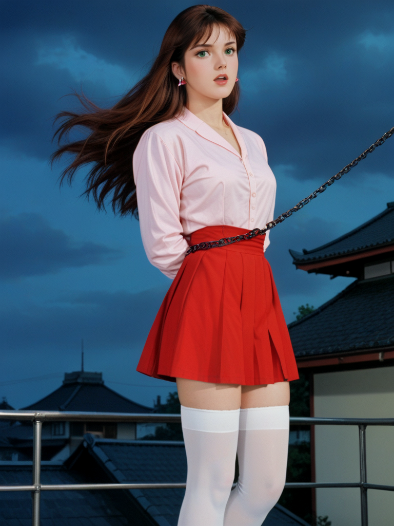 score_9, score_8_up, score_7_up, realistic, <lora:Mia_Koji:.75>, miakoji, mia, wrapped in chains, skirt, white stockings, shoes, 1girl, retro, furrowed brow, open mouth, brown hair, 1980s (style), earrings, long hair, green eyes, makeup, background is tokyo at night, ronin warriors, rooftop scene, (large robot samurai) 1robot, (damsel), bound, restrained, upset, furrowed brow,