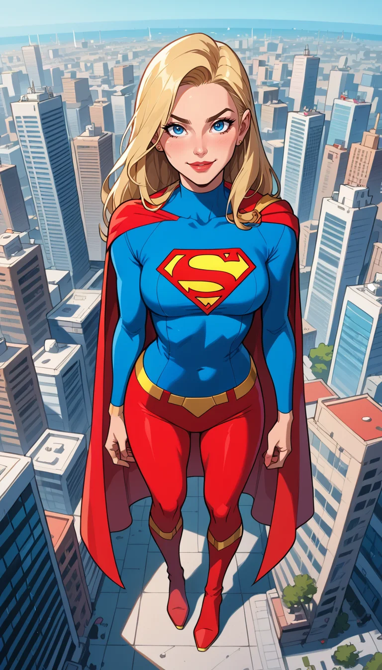 score_9, score_8_up, score_7_up, Western Comics, Full Body Shot, Supergirl, cute, seductive, innocent, light smile:0.3, plump lips, slender body, blonde long in high detailed and textured Supergirl full body suit, long red cape, red thigh high boots, gold ornate, gold embedded, landing, above the skyscrapers, ready for combat, arms along the body, city skylines Background, depth of field, dynamic angle, fashion photography, sharp, hyperdetailed:1.15