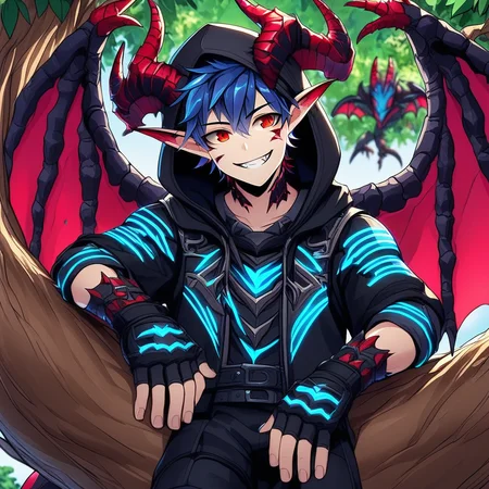 blue hair, hood, jewelry, fingernails, demon boy, smile, dragon horns, male focus, dragon boy, armor, fingerless gloves, pointy ears, dragon wings, in tree