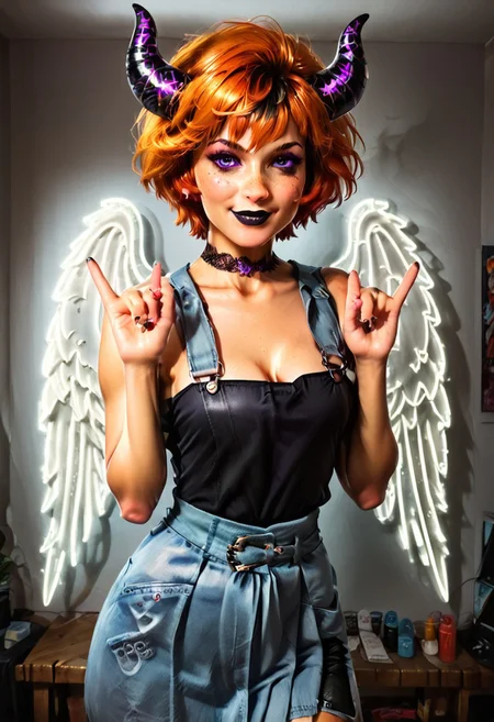 highres,score_9, score_8_up, score_7_up,, score_6_up, perfecteyes, naughty traditional art,rating_questionable, zPDXL, (((26years old))), (4k quality, masterpiece):1.4),( best quality:1.1), a demon, blue eyes, cute face, freckles, spiral horns long legs, full body shot, in overalls dress, short skirt, lace choker, black lipstick, purple eyeshadow, eyeliner, runny mascara, smile, transparent green wings,n30nw1ngs, neon light wings,
two-tone (copper, ginger)hair, pixie cut hair, muscular, curvy, sweaty skin, thighs,hud_m3tal_h4nds, 1girl, arm up, \m/, upper body, shadow puppet
BREAK.
I'm an enchanted forest, oddly colorful mushroom, bright flowers,
Break.
1ly4,
detailed skin, 8K, cinematic lighting, volumetric lighting, zPDXL, abv, 1dk, portrait, d3t41l3d, zPDXL2, perfecteyes,