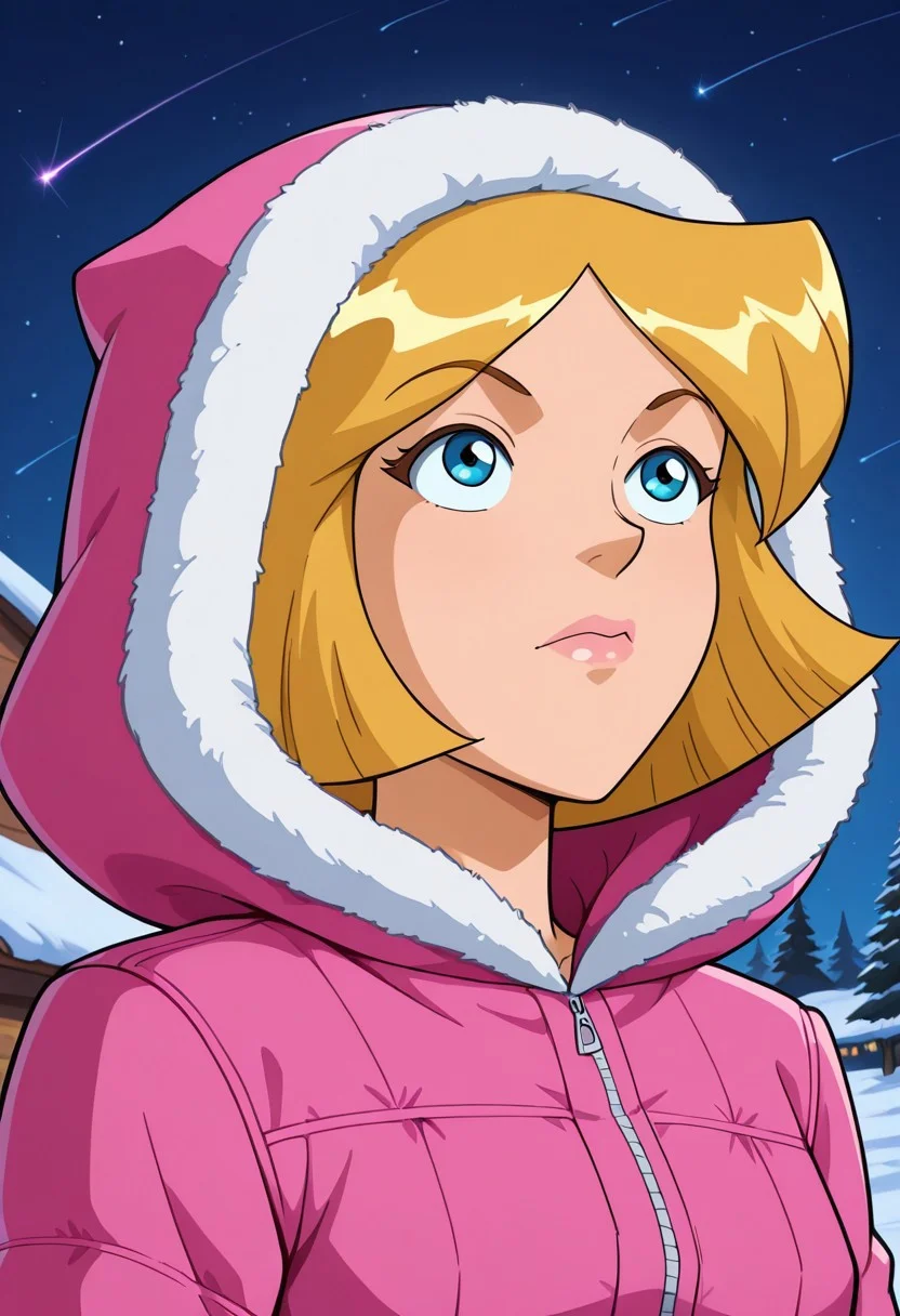 masterpiece, best quality, good quality, 1girl, solo, cartoon, parody, official style, cl0ver_totally_spies, short hair, blonde hair, blue eyes, winter coat, hood up, looking up, outside, snow, cold, forrest, night, night sky, shooting stars, sexy, beautiful, detailed, high detailed, very beautiful, detailed face, detailed eyes,