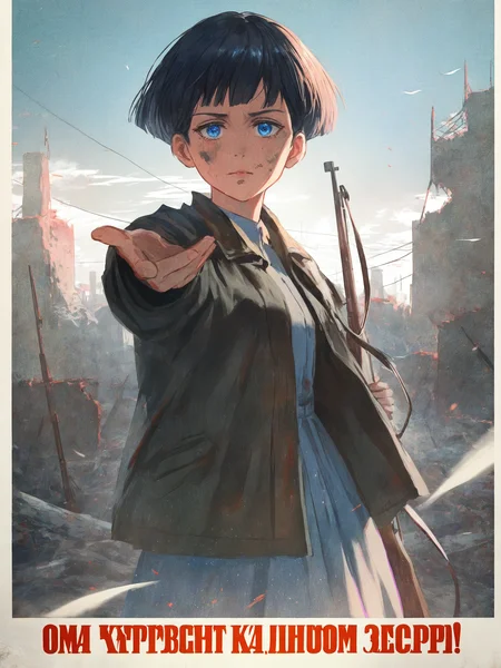 world war ii, the motherland calls, s-m, black short hair, blue eyes, five figners,
solo, 1girl, holding long rifle, firmly looking at viewer, reaching towards viewer, closed-up,
ruins, dirty face, jacket,
(russian text), poster \(medium\),
(stu dts:0.1), (quasarcake:0.2), (reoen:0.2), teen, anime,
masterpiece, best quality, absurdres, very aesthetic, very awa,
<lora:sovposter-NOOB-V-PRED1.0_V1_dim32:1>