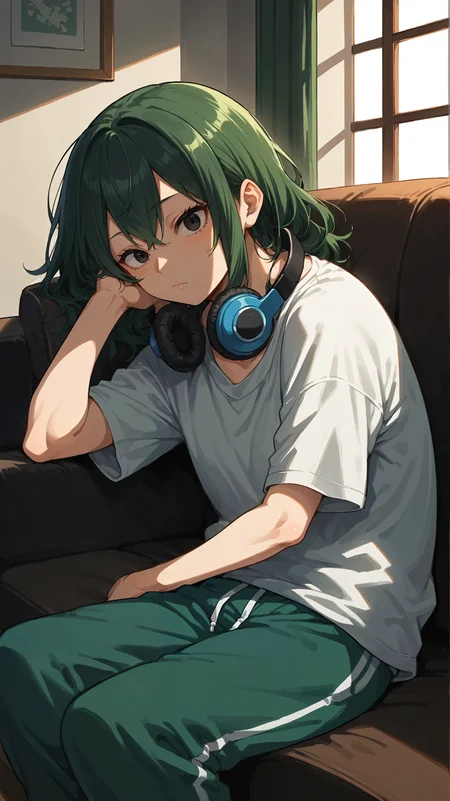 score_9,score_8_up,score_7_up,score_6_up, <lora:xl_more_art-full_v1:0.5>, source_anime, girl, dynamic pose, sleeping, <lora:Setsuna Tokage (Lizardy) - Pony:0.8>, medium hair, green hair, black eyes, loose shirt, sweatpants, livingroom, alone, headphones around neck, couch,