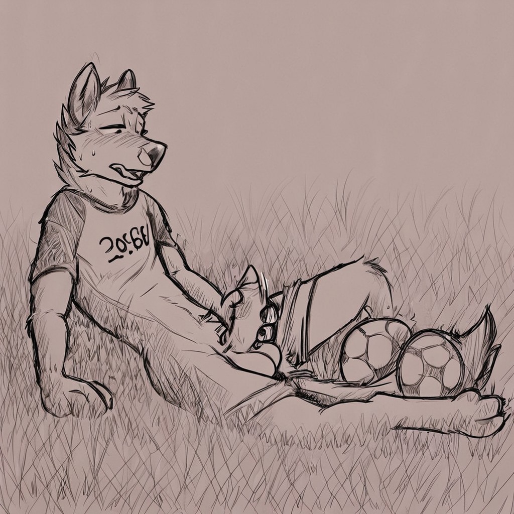 Gay erotic porn, character zabivaka, lying down, masturbation, anthro male, outside in a soccer ball field