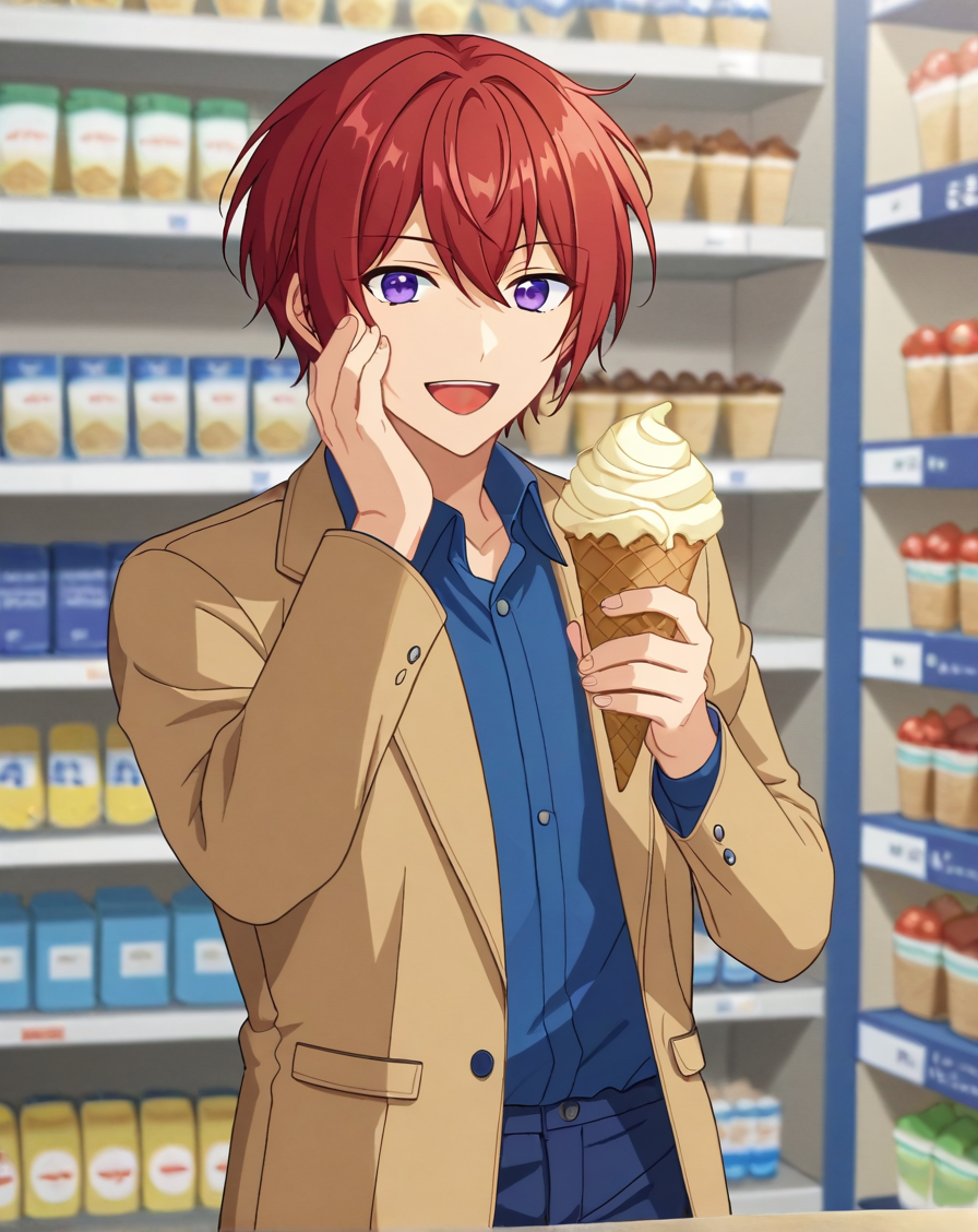 score_9, score_8_up, source_anime, anime screencap, original style, depth of field, BREAK, rating_safe, 1boy, solo, male focus, <lora:suou_tsukasa_pony:1> suou_tsukasa_pony, red hair, purple eyes, bangs, facing viewer,  blue shirt,  :d, collared shirt, brown cardigan, blue pants, holding food, holding ice cream cone, storefront, open mouth, hand on own face, <lora:sdxl_lightning_8step_lora:1>  <lora:xl_more_art-full_v1:0.3>