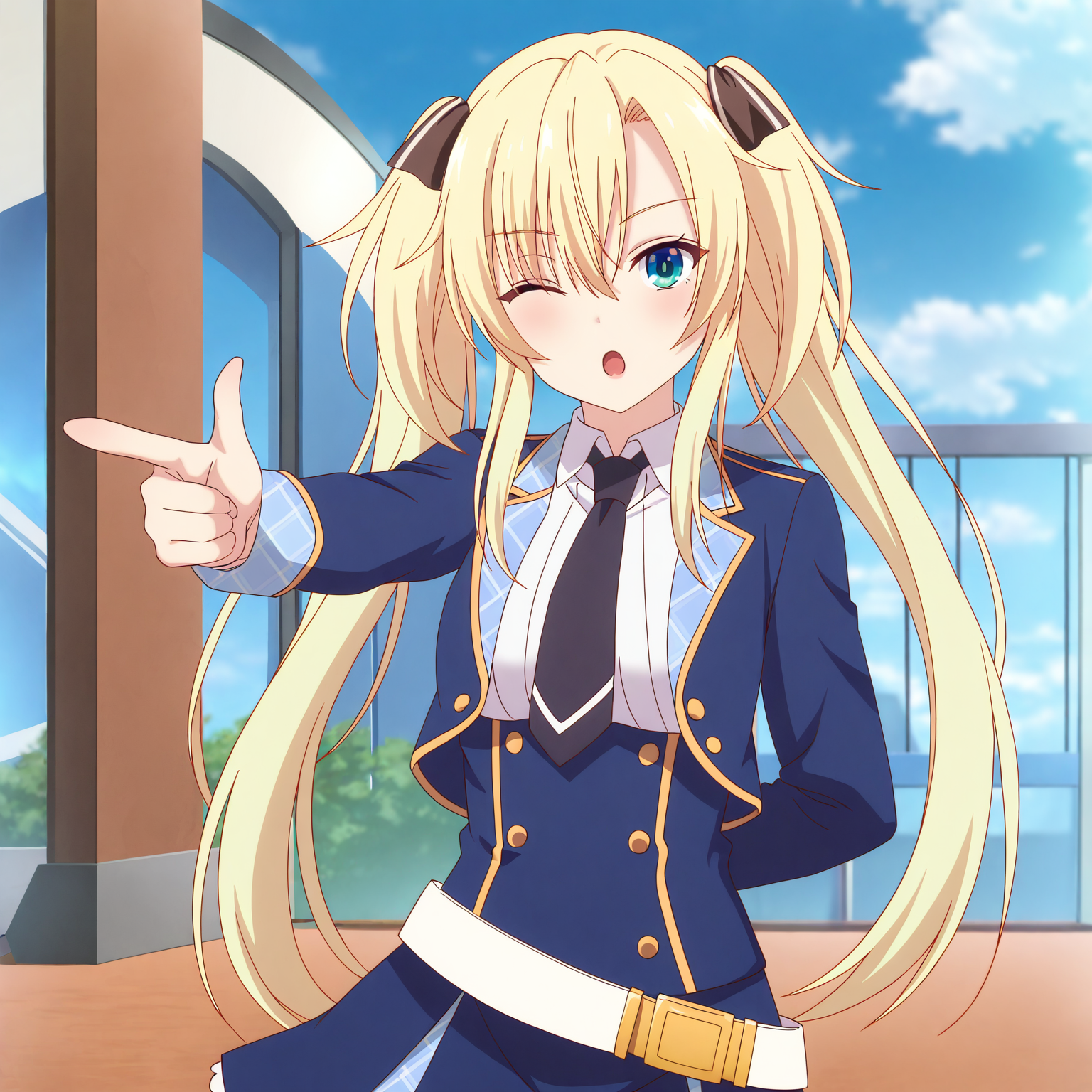 <lora:Regina2-000018:0.7>Regina,solo,looking at viewer,normal suit,:o,one eye closed,finger gun,arm behind back,day,outdoors,sidelocks,