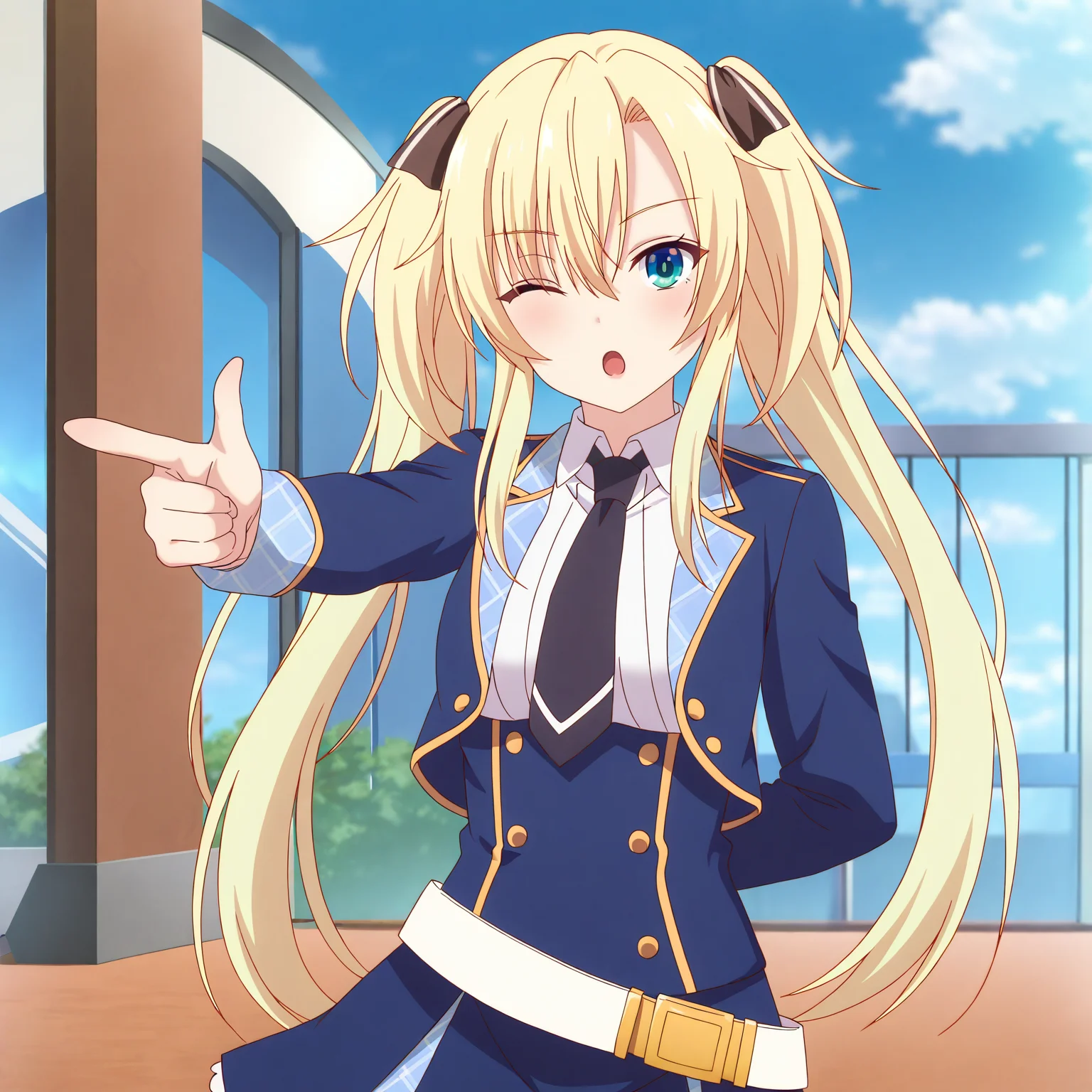 <lora:Regina2-000018:0.7>Regina,solo,looking at viewer,normal suit,:o,one eye closed,finger gun,arm behind back,day,outdoors,sidelocks,