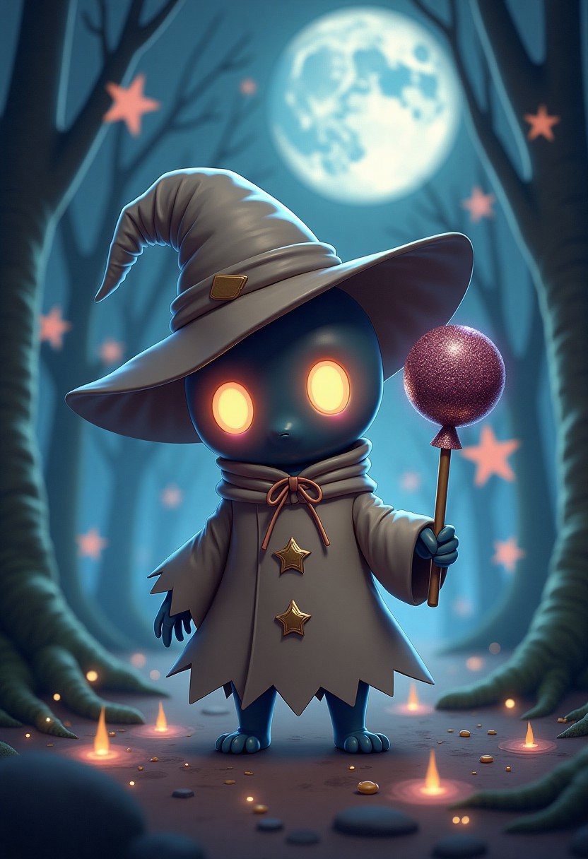 A small ghostly creature resembling Mimikyu, with its ragged cloth redesigned to look like a handmade, slightly off-kilter version of Dark Magician Girl’s outfit. Her fake hat is oversized and floppy, made of patched-together fabric. Big glowing eyes peek out from the shadows beneath the costume. She holds a crooked, glittery wand shaped like a lollipop staff, and sparkles of dark energy swirl around her. She stands shyly in a moonlit forest, surrounded by floating spell cards and glowing runes. Cute-meets-creepy anime art style, magical atmosphere, soft shadows, detailed, HD fantasy illustration.