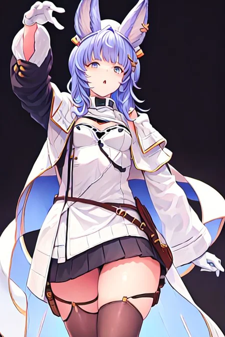tikohdef, hair ornament, black thighhighs, white gloves, white headwear, white dress, cleavage, white panties, long sleeves