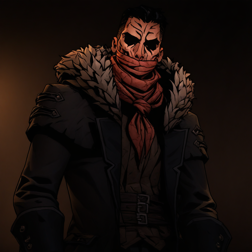 masterpiece, best quality, newest, absurdres, highres, DDstyle, black eyes, shaded eyes, 1boy, DDDismas-V1.1, bandana, scarf, red bandama, fur trim,