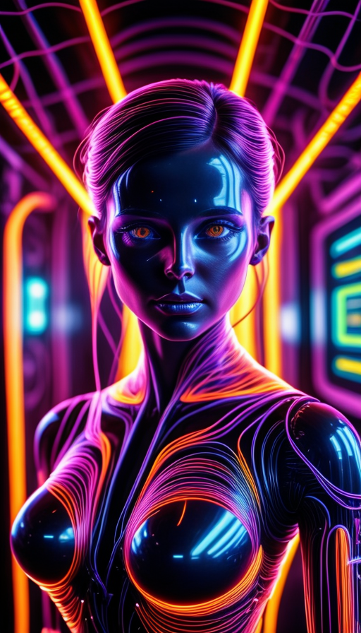 colorful chaos, vivid colors, striking visual design, <lora:add_detail:0.75>, <lora:sharpen-soften:-0.2>, <lora:stylesqueeze_v2:0.25>, <lora:realistic:0.25>,
1 girl, adult  woman, chubby, hazel eyes, auburn half-up half-down hairstyle, portrait, solo, upper body, looking at viewer, detailed background, detailed face, (<lora:1970RetroFuturism:0.6>, 1970retrofuturism, 1970s theme:1.1), android, cyborg, mechanical limbs, mechanical eyes, wires,  advanced technology, dynamic pose, emotionless,  artificial intellgience, steel, digital implants, nanobots, electronics, gadgets, powered by electricity, holograms, particle effects, bright  lights, neon colors, cables in background, cinematic atmosphere, <lora:isobug:0.75> <lora:speedy1p5:1.15>