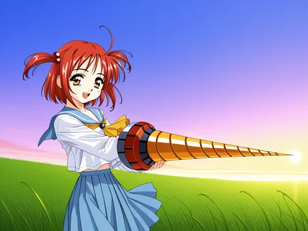 general,highres, ultra-detailed,very aesthetic,best quality ,best hands, BREAK <lora:Megumi_Spiral_NAMI_IS:1>
Drill_Megumi, 1girl, drill, weapon, drill arms, android, red hair, short hair, brown eyes, hair bobbles, hair ornament, two side up,
BREAK,
solo, school uniform, serafuku, blue skirt, long sleeves,
open mouth, smile, pleated skirt, looking at viewer, ã2000s \(style\),
smile,looking at viewer, cowboy_Shot,
grass, sky,